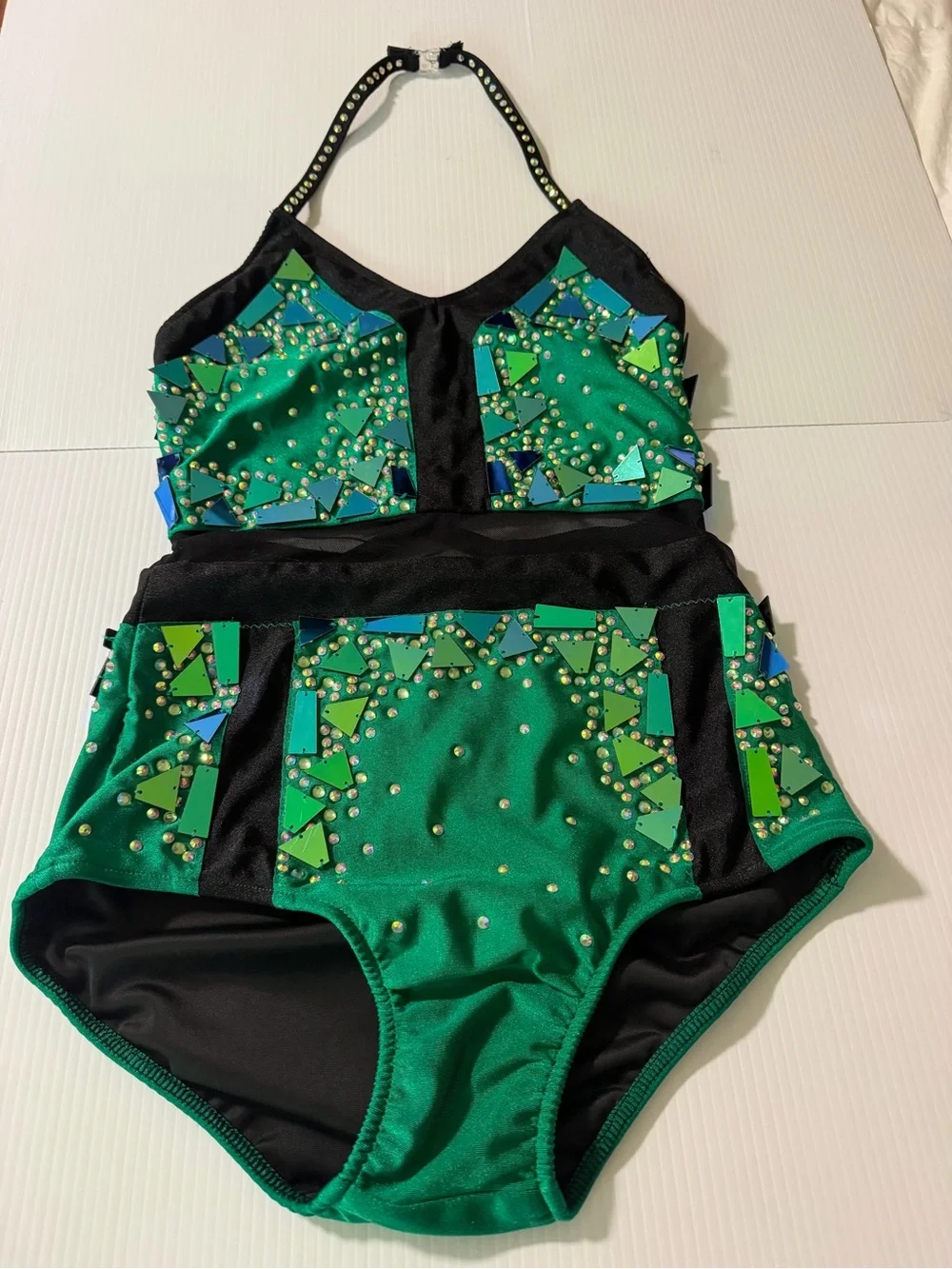 Glamour solo dance costume green embellished jazz acro contemporary SA adult
